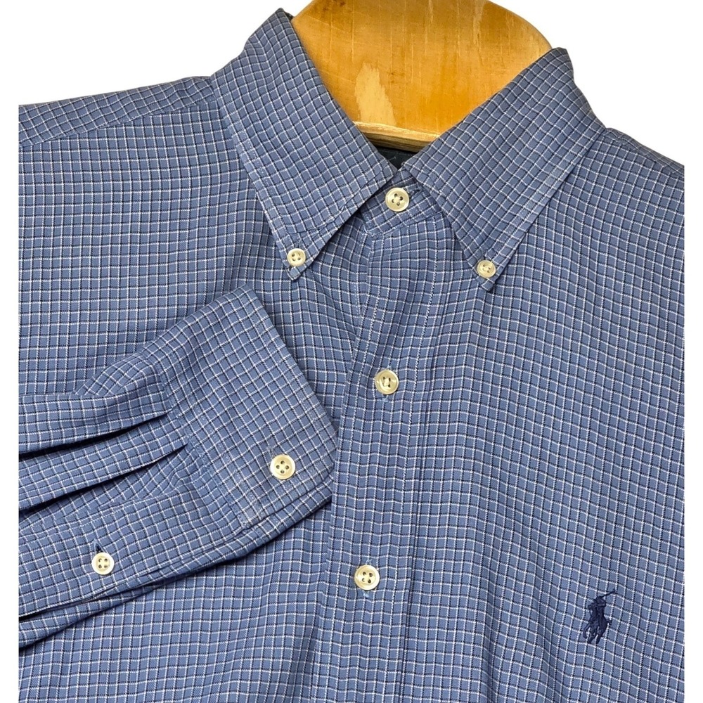 Ralph Lauren Shirt Men's Medium Blue Blake Cotton Micro Check Long Sleeve